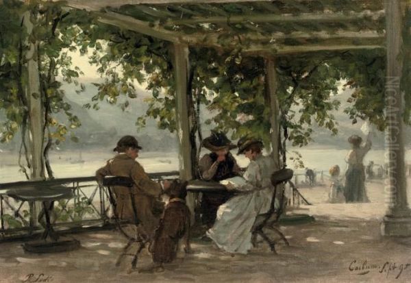 On A Terrace Under A Pergola Near The River Rhine, Cochum Oil Painting by Philippe Lodowyck Jacob Sadee