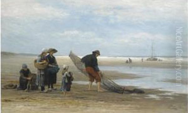 Shrimpers On Scheveningen Beach Oil Painting by Philippe Lodowyck Jacob Sadee