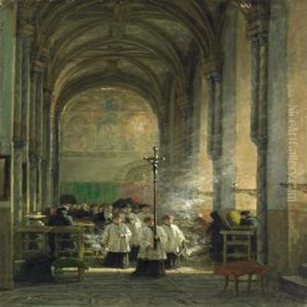 Church Interior With Several Persons Oil Painting by Philippe Lodowyck Jacob Sadee