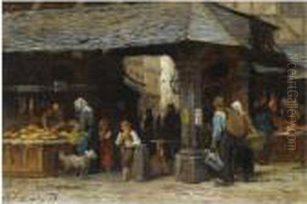 A Market Scene In Frankfurt Oil Painting by Philippe Lodowyck Jacob Sadee