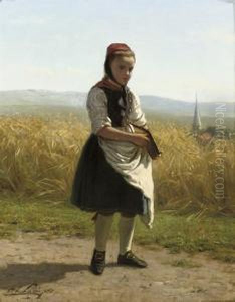 On Her Way To School Oil Painting by Philippe Lodowyck Jacob Sadee