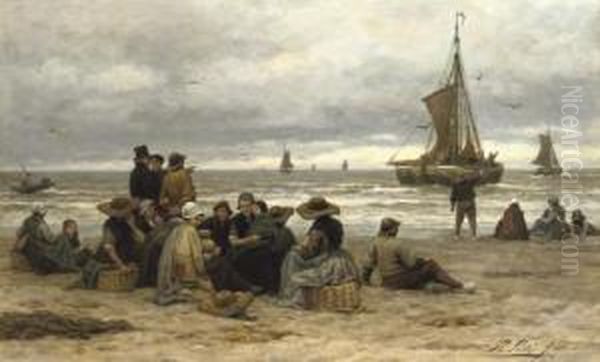 The Arrival Of The Fleet: Fisher-folk On The Beach Oil Painting by Philippe Lodowyck Jacob Sadee