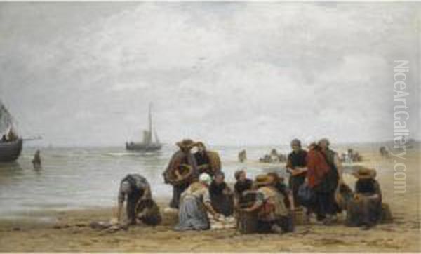 Sorting The Catch On Scheveningen Beach Oil Painting by Philippe Lodowyck Jacob Sadee