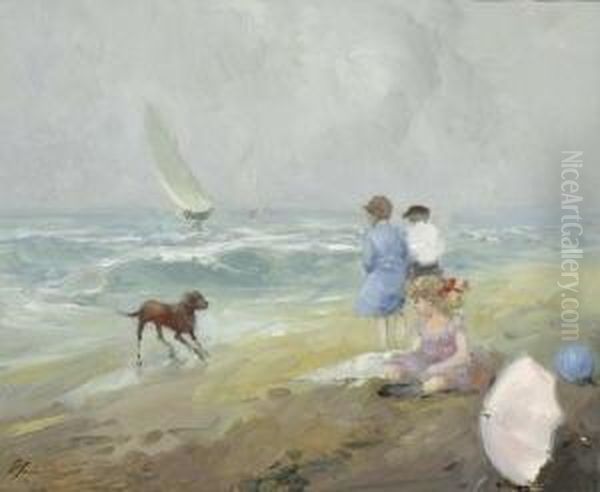 Strandszene. Oil Painting by Philippe Lodowyck Jacob Sadee