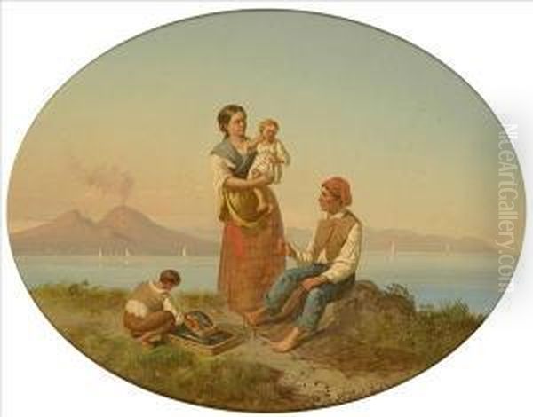 The Fisherman'sfamily; Weaving 
The Pots, Sunlit Neapolitan Coastal Scenes, Theformer With Fishing Boats
 And Vesuvius Beyond Oil Painting by Philippe Lodowyck Jacob Sadee