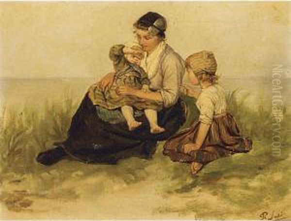 A Mother And Her Children In The Dunes Oil Painting by Philippe Lodowyck Jacob Sadee