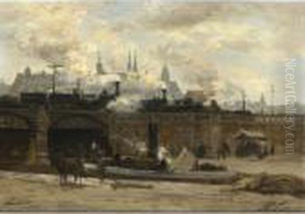 A View Of The Central Station, Amsterdam Oil Painting by Philippe Lodowyck Jacob Sadee