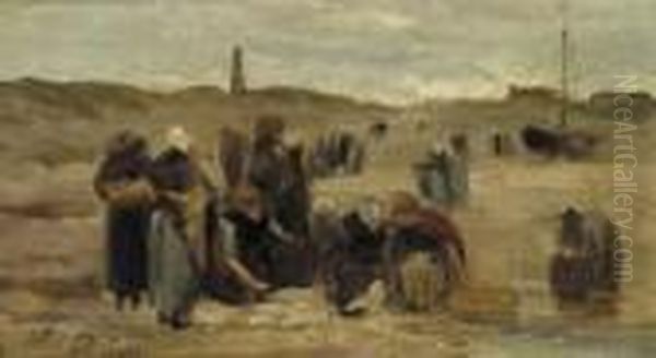 Fisherwomen Sorting Out The Catch - A Study Oil Painting by Philippe Lodowyck Jacob Sadee