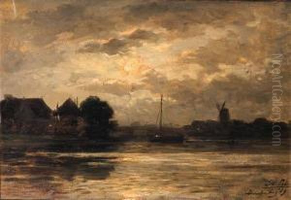 View Of The Spaarne, Haarlem, By Moonlight Oil Painting by Philippe Lodowyck Jacob Sadee