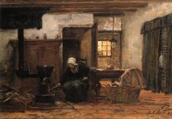 Lighting The Stove Oil Painting by Philippe Lodowyck Jacob Sadee