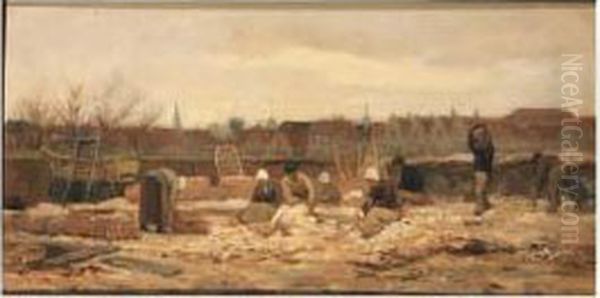 Labourers At Work On The Outskirts Of A Town Oil Painting by Philippe Lodowyck Jacob Sadee