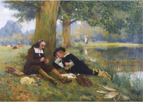 Tying A Fly - Izaak Walton And John Offley At The Water's Edge Oil Painting by Walter-Dendy Sadler