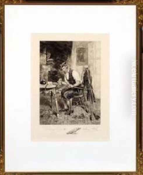 A Scottish Golfer Cleaning His Clubs - Etching, Signed Proof Oil Painting by Walter-Dendy Sadler