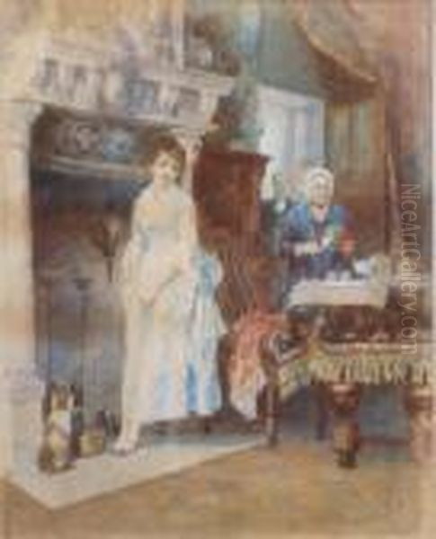 Figures In A Drawing Room With Girl Beside A Fireplace Initialled 13.5 X 11in Oil Painting by Walter-Dendy Sadler