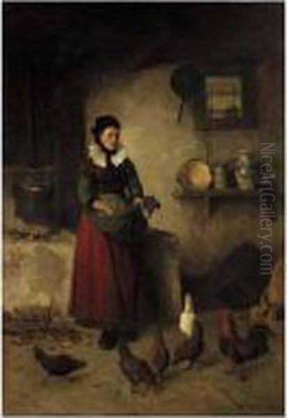 A Westphalian Peasant Girl Feeding Chickens Oil Painting by Walter-Dendy Sadler