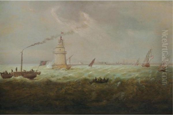 A Steamboat And Naval Squadron Sailing Past Poolbeg Lighthouse, Dublin Bay Oil Painting by William II Sadler