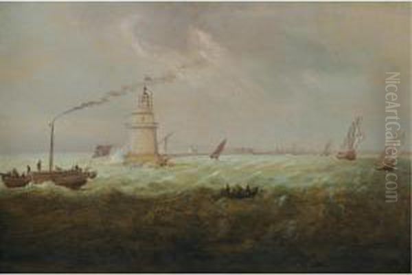 A Steam Powered Tug And Another Small Boat Sailing Past Poolbeg Lighthouse, Dublin Bay Oil Painting by William II Sadler