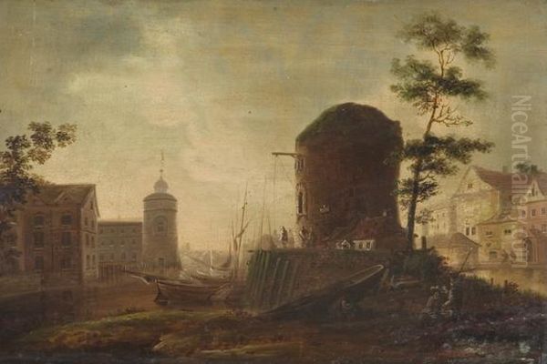 View Of A Continental Riverside Town With Round Tower Oil Painting by William II Sadler