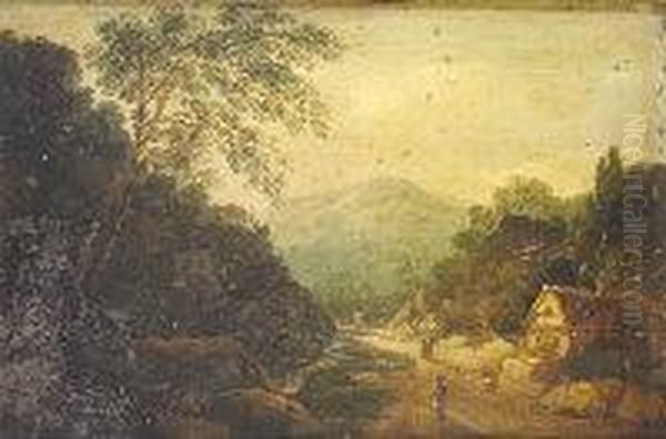 Soldier By Cottage On A Mountain Path, Carriage In The Distance Oil Painting by William II Sadler