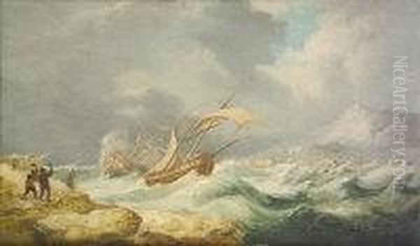 Shipping In Stormy Seas With Distant Port And Mountain Oil Painting by William II Sadler