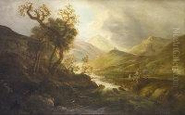 Figures In Mountain Landscape With Hilltop Fort In Distance Oil Painting by William II Sadler