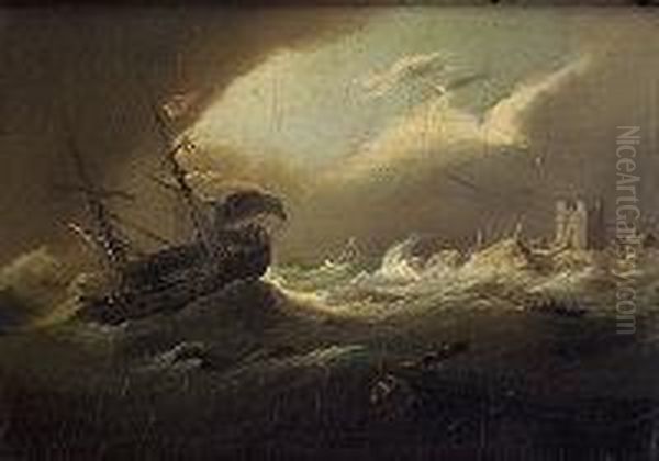 Shipping In Stormy Seas Off The Coast Oil Painting by William II Sadler