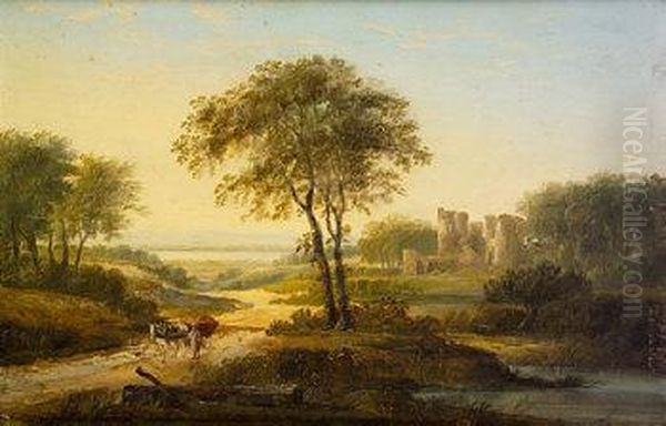 Wagonier In Coastal Landscape With Ruins Oil Painting by William II Sadler