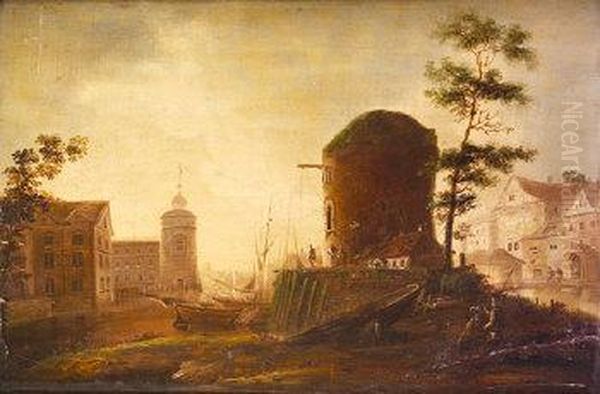 View Of A Town With Tower Ruins Oil Painting by William II Sadler