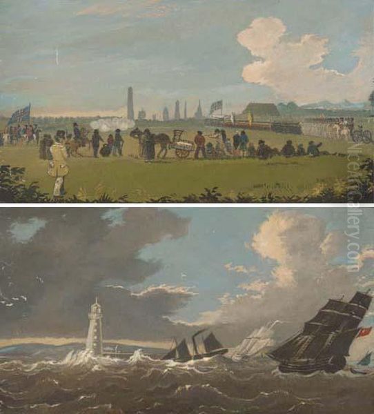 Exercise In Phoenix Park, Dublin; And Shipping In Dublin Bay, Nearthe Poolbeg Lighthouse Oil Painting by William II Sadler