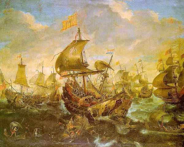 The Battle of the Spanish Fleet with Dutch Ships in May 1573 during the Siege of Haarlem Oil Painting by Andries Van Eertvelt