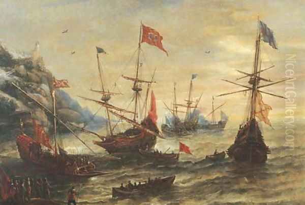 A coastal landscape with frigates and soldiers in a breeze Oil Painting by Andries Van Eertvelt