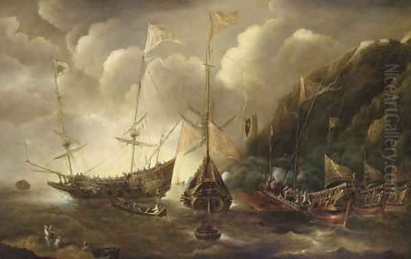 A Mediterranean capriccio of a sea fight between European merchantmen and Ottoman galeasses Oil Painting by Andries Van Eertvelt