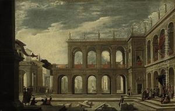 An Architectural Capriccio With A King Enthroned, And A Group Ofpeople Round A Gallows Oil Painting by Jacobus Saeys