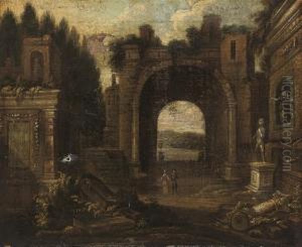 An Architectural Capriccio Of Classical Ruins Oil Painting by Jacobus Saeys