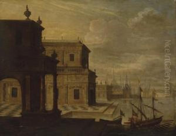 An Architectural Capriccio Of A Mediterranean Harbour Oil Painting by Jacobus Saeys