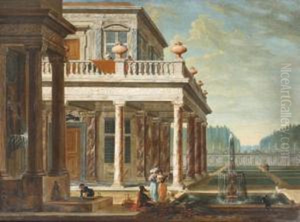 A 'capriccio' View Of A 
Classical Palace With Figures Making Music Near A Fountain In An 
Extensive Garden Oil Painting by Jacobus Saeys