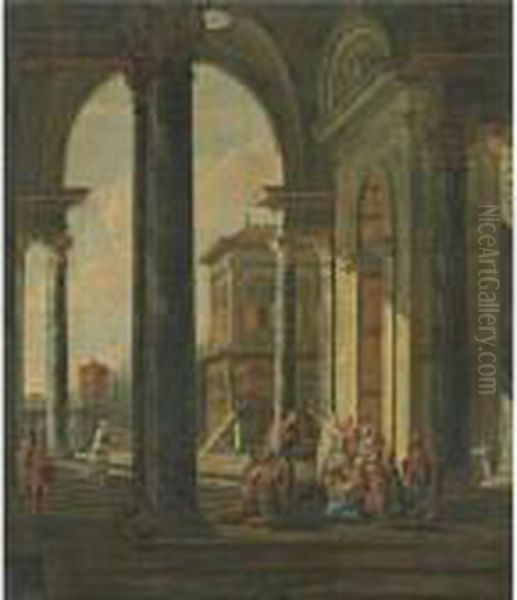 A Palatial Capriccio With Christ Preaching To The Poor Oil Painting by Jacobus Saeys