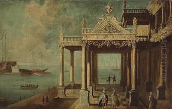 A Capriccio View With Figures Conversing Under The Portico Of A Palace Oil Painting by Jacobus Saeys