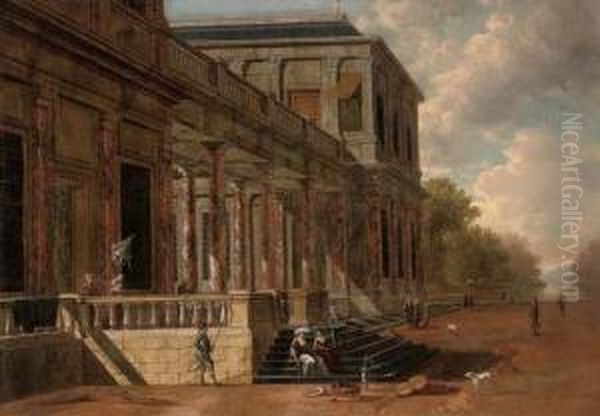 A Palace With Elegant Company Conversing In A Garden, A Lake Beyond Oil Painting by Jacobus Saeys