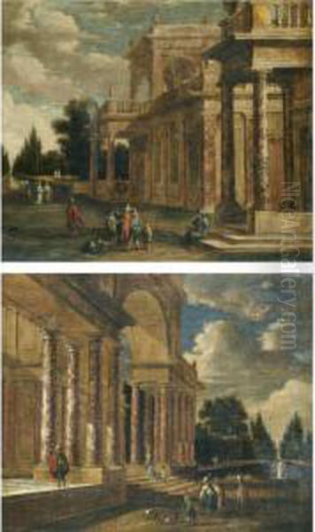 A Pair Of Architectural Capricci With Elegant Figures Conversing In The Foreground Oil Painting by Jacobus Saeys