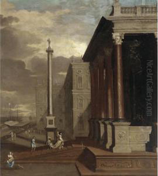 An Architectural Capriccio With Elegant Figures Oil Painting by Jacobus Saeys