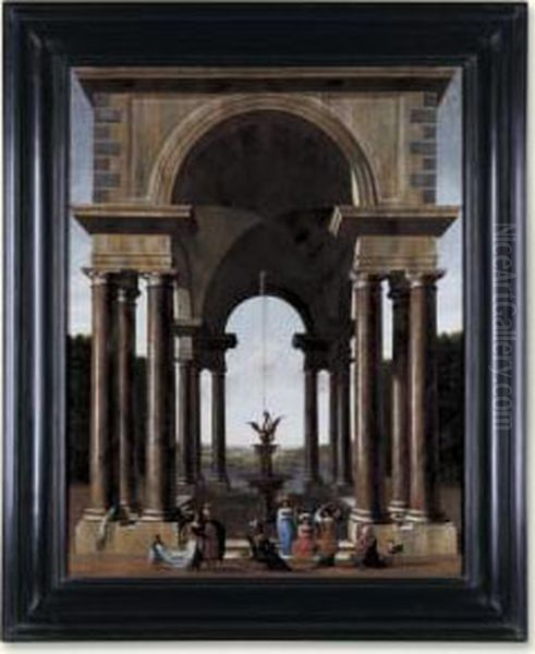 A Classical Portico With An Elegant Company Gathered By A Fountain Oil Painting by Jacobus Saeys