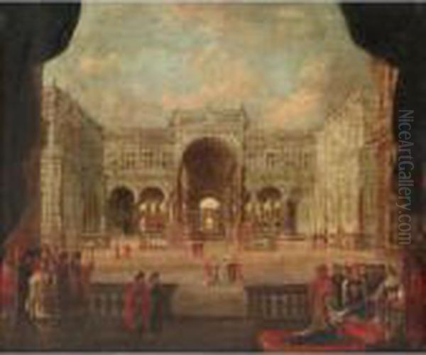 A Palace Capriccio Scene With Esther Before Ahasuerus Oil Painting by Jacobus Saeys