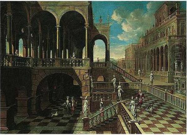 An Architectural Capriccio With Elegant Figures Promenading Oil Painting by Jacobus Saeys