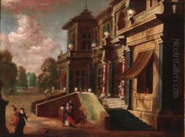 Elegant Couples Before A Mansion Oil Painting by Jacobus Saeys