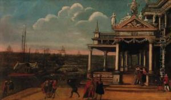 Figures By A Loggia On A Quay, Shipping At Anchor Beyond Oil Painting by Jacobus Saeys