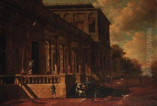 Elegant Figures On The Steps Of A Mansion, A Park Landscapebeyond Oil Painting by Jacobus Saeys