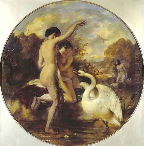 Female Bathers Surprised By A Swan Oil Painting by William Etty