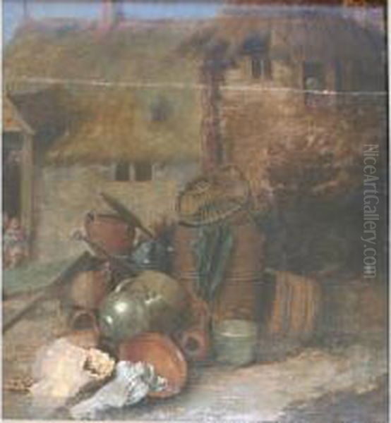 Bowls, Vessels And Flagons By A Barrel In A Cottage Yard Oil Painting by Cornelis Saftleven