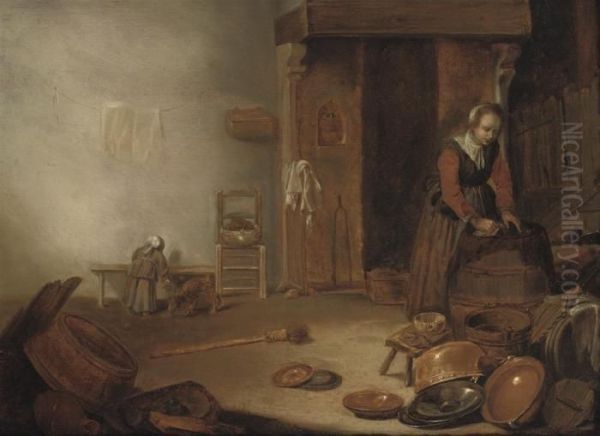 A Kitchen Interior With A Maid Cleaning Oil Painting by Cornelis Saftleven